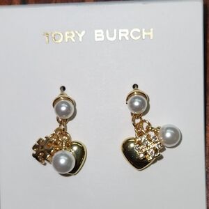 Tory Burch Kira Charm Gold Heart Earrings with Pearls NWOT